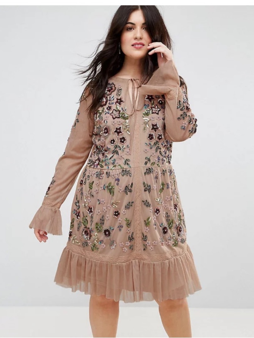 Frock and Frill Floral Sequin Embellished Mesh Ruffle A-Line Midi Dress Tan 12